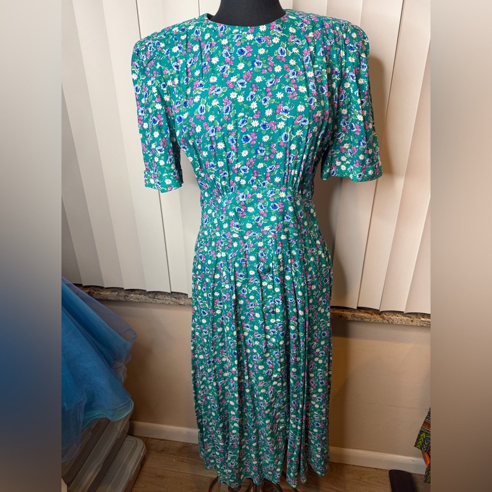 Vintage Karin Stevens teal floral dress short puff sleeve drop waist pleated 12 - Picture 2 of 8